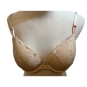 Victoria's Secret Push Up Lace Bra 38B Beige Rose Gold Straps